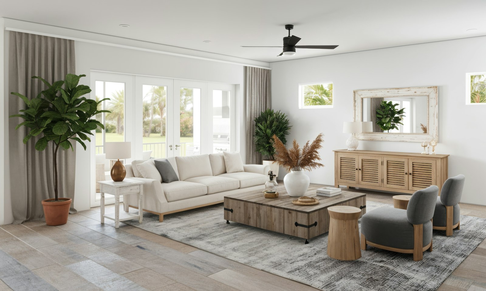Bright coastal living room with an off-white sofa, timber coffee table and indoor plants
