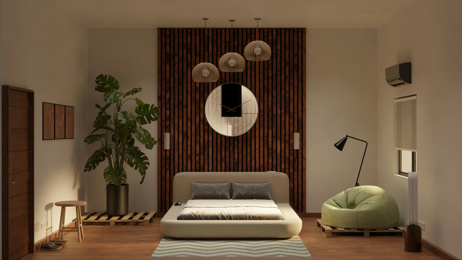 Japandi bedroom with a low timber bed, warm neutral tones and a round mirror