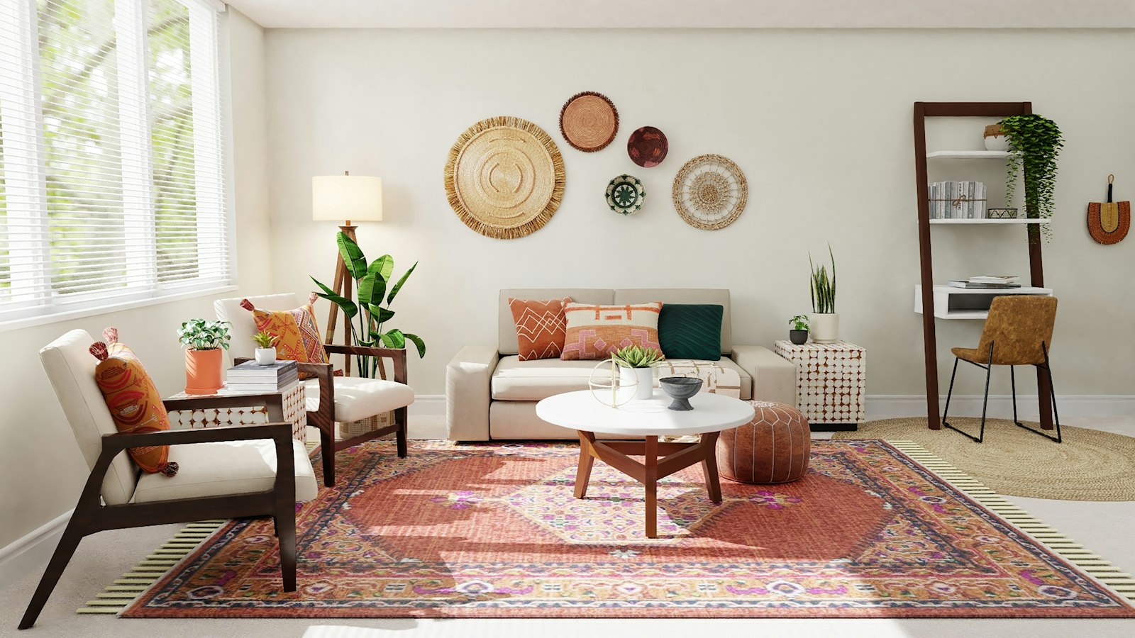 Living room with a large neutral rug under the sofa and coffee table