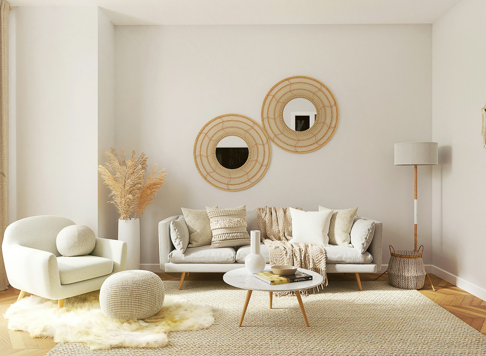 Bright living room with soft white walls, a neutral sofa and a large mirror